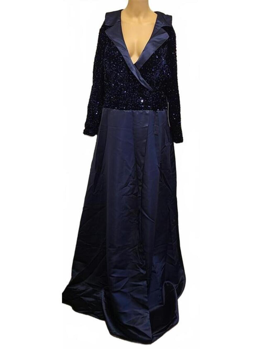 Women's Elegant Navy Blue Sequin Evening Prom wedding Party Gown Plus Slit Dress - Picture 5 of 9
